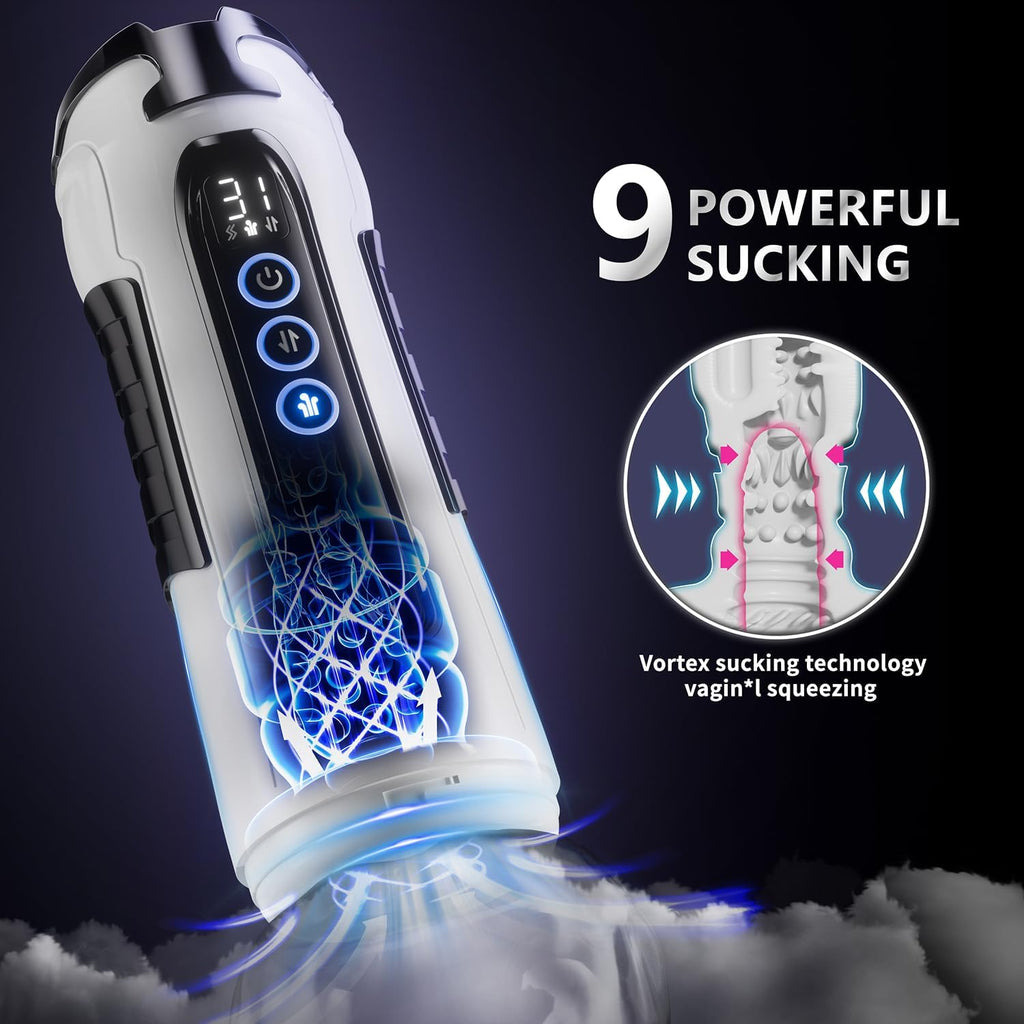 9-modes: sucking, vibrating thrusting, male heated pocket-type vaginal oral sex masturbator