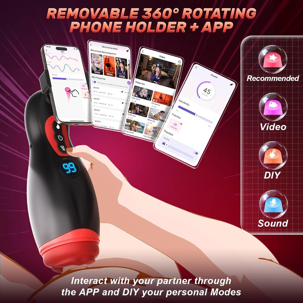 App Control Suction and Vibrating Male Masturbator with Phone Holder