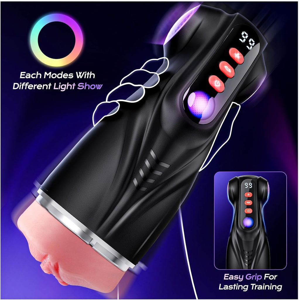 Men's masturbator sex toy with 9 suction modes and 9 vibration modes, pocket-sized vagina, and colorful light stimulating massager set