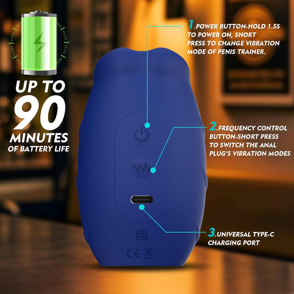 A 2-in-1 male penis vibrator with a detachable anal plug and penis ring, hands-free design, for penis training