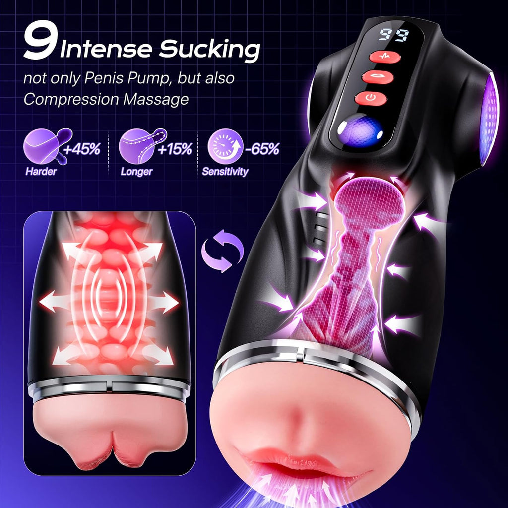 Men's masturbator sex toy with 9 suction modes and 9 vibration modes, pocket-sized vagina, and colorful light stimulating massager set